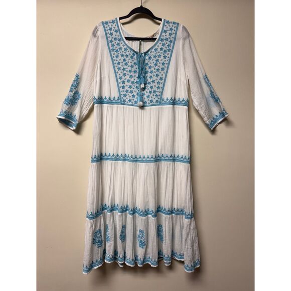 SOFT SURROUNDINGS Juniper Dress White Turquoise Embroidery, Midi, Sz M - Picture 2 of 13